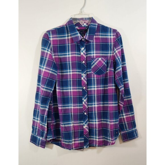 TOMMY HILFIGER Plaid Shirt Red‎ Blue Pink Purple Button Up Womens Medium - Picture 1 of 6